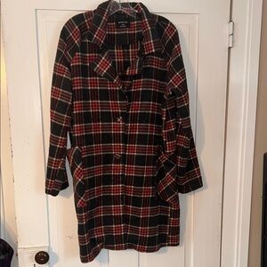 Active USA Women’s Plaid Flannel Trench Coat  Black Red Large Cabin Christmas